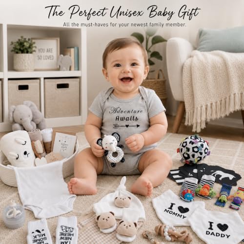 Image of Ultimate Gender-Neutral Baby Gift Basket, High-Contrast Black & White Newborn Essentials, Premium All-in-One Unisex Baby Shower & Gender Reveal Gift Set for Boys & Girls with Swaddle Diaper Caddy