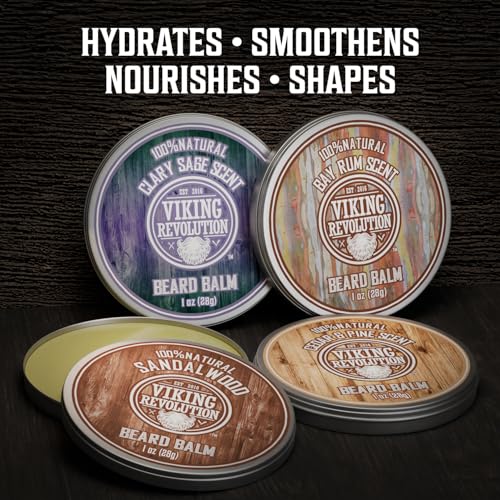 Viking Revolution 4 Beard Balm Variety Pack (1oz Each) - Sandalwood, Pine & Cedar, Bay Rum, Clary Sage - Styles, Strengthens and Softens Beards and Mustaches - Wax for Men - Image 3