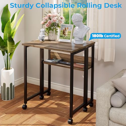 Miniatura 8 de Greenforest Pequeño Escritorio Plegable Con Estante De Almacenamiento Y Ruedas,Mesa Para El Ordenador, Fácil De Montaje Y Ahorro De Espacio Para Officina,Lavado Gris