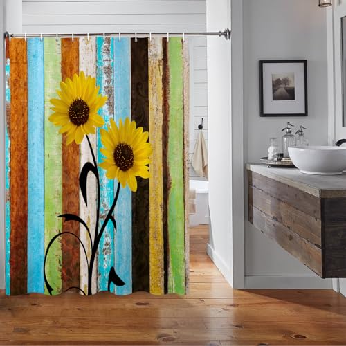 MIRRORANG 105x160cm Rustic Sunflower Shower Curtain Teal Wooden Board Farmhouse Country Shower Curtain for Bathroom Waterproof Polyester Fabric Set including Hooks - Image 2
