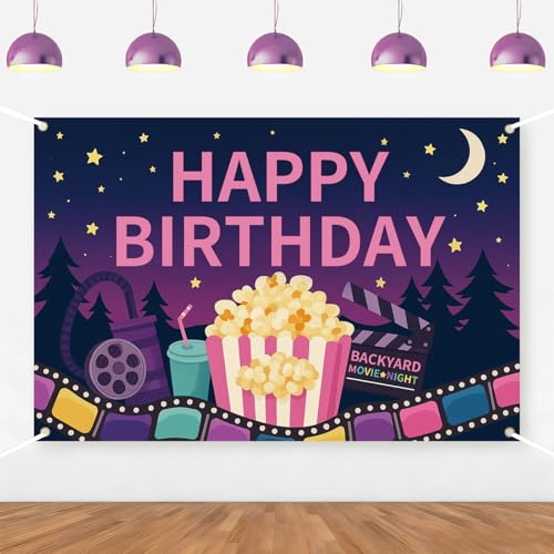 Movie Night Backdrop Movie Night Birthday Party Decorations Pink Yard Film Popcorn Backdrop for Outdoor Movie Theme Birthday Decors Party Supplies Photo Booth Props 5 * 3ft