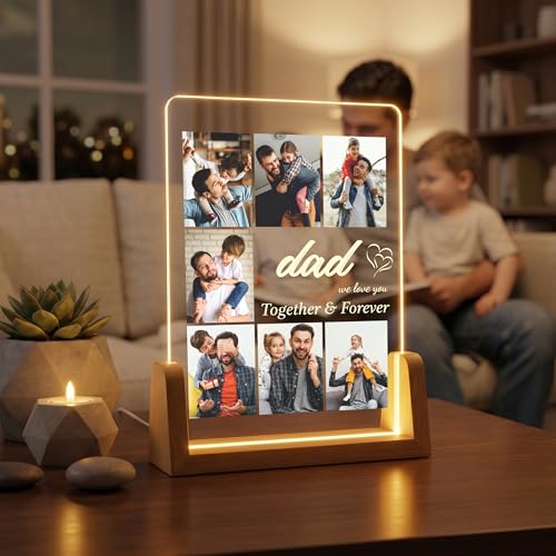 Image of Giftplease Personalized Rectangular Acrylic Wood Photo Frame | Warm LED Light Base Custom 7 Picture Collage Night Decor for Father Papa Husband | Fathers Day Best Dad Birthday Tabletop