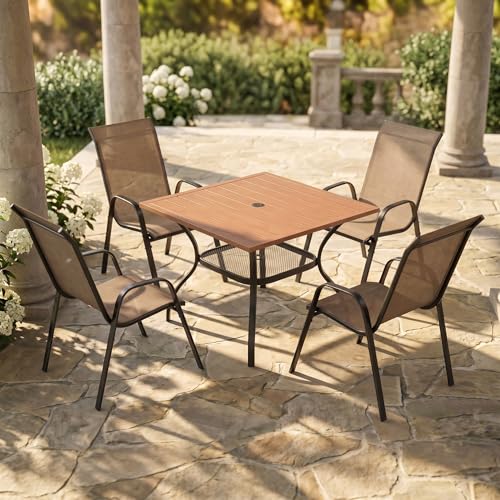 Image of VICLLAX Patio Dining Set for 4, All Weather 5-Piece Patio Set-37.8 inch Square Outdoor Table and 4 Stackable Chairs for Lawn Garden and Backyard,Walnut Tabletop