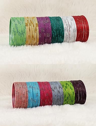 Image of NMII Stylish Multi colour Metal Bangles set for women and Girls with Zari and Cutting Design | Fancy Multicolour Bangles for women | Metal Chudi Set For Women | Women's Bangles