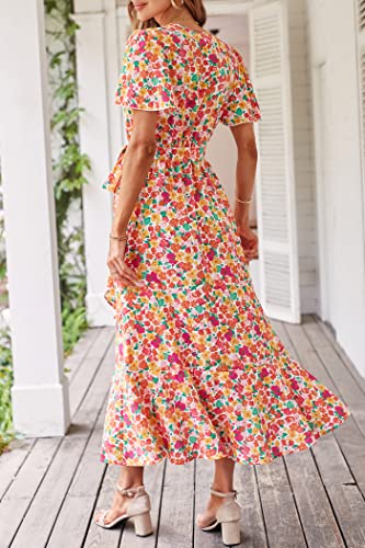 PRETTYGARDEN Women's Summer Floral Boho Maxi Dress Wrap Short Sleeve V Neck Ruffle A-Line Flowy Wedding Guest Long Dresses