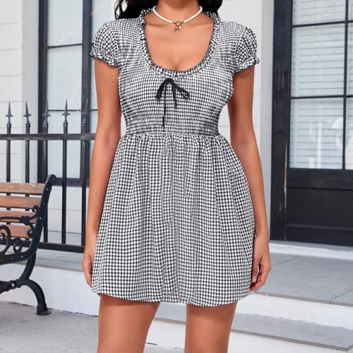Image of Women Y2k Puff Sleeve Babydoll Dresses Square Neck Tie Back Mini Dress Summer Solid Off Shoulder Flowy Sundress