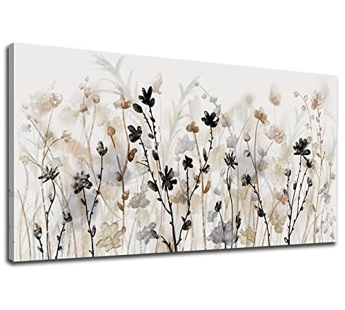 Image of Framed Flower Canvas Wall Art Abstract Grey Cream Brown Wildflowers Canvas Pictures Landscape Artwork Canvas Prints for Home Living Room Bedroom Kitchen Office Wall Decor Ready to Hang 24 inchx 48 inch