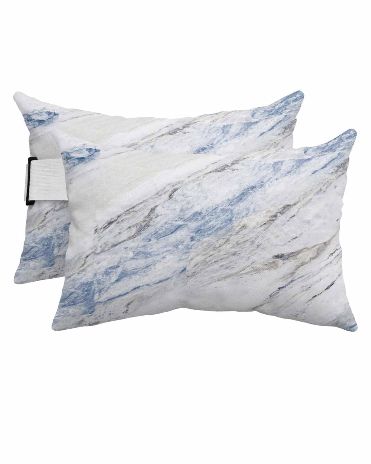 AMZRicher Blue Marble Outdoor Waterproof Pillows for Recliner Chaise Lounge Chair, Modern Abstract White Grey Aesthetics Art Lumbar Pillows with Inserts & Elastic Band for Patio Beach 2 Pack-11x16 in