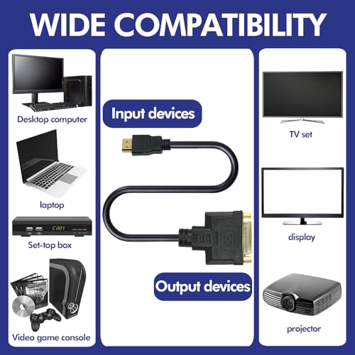 Bi-Directional HDMI to DVI Cable Adapter,Male HDMI to Female DVI-I Dual Link Converter-1ft/0.3m Cable for Monitor,TV,PC,Projector-Supports 1080p Full HD 60Hz-Gold-Plated Connectors