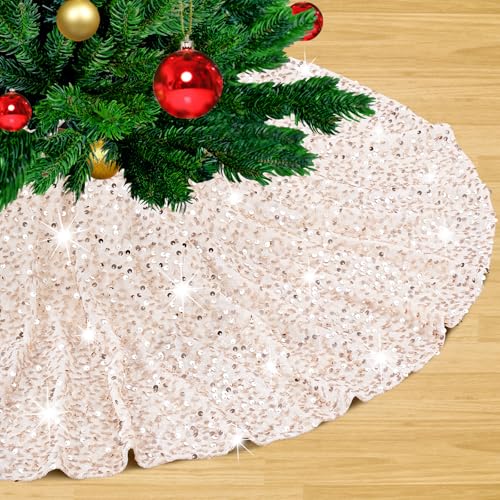 Champagne Gold Christmas Tree Skirt 24 Inches Small Tree Skirt Velvet Sequin Tree Skirt for Christmas Tree Mat Decorations