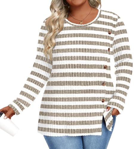Image of HOTGIFT Womens Plus Size Sweater Tops Long Sleeve Crewneck Casual Tunic Shirts Buttons XL-5XL Blouse Soft Comfy Fashion
