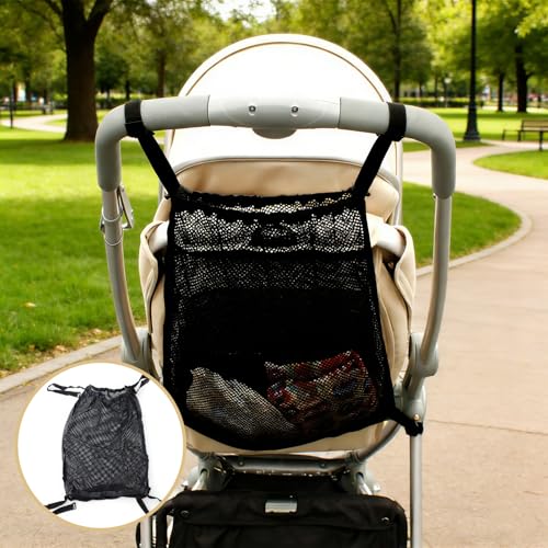 Universal Einkaufsnetz für Kinderwagen und Buggy, Netz-Aufbewahrungstasche mit Haken zum Aufhängen, Elastisches Gepäcknetz für Sportwagen, leichte Mesh-Tasche für Griffe, Einkaufstasche Kinderwagen
