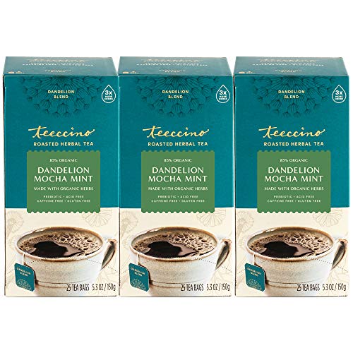 Teeccino Dandelion Mocha Mint Tea - Caffeine Free, Roasted Herbal Tea With Prebiotics, 3X More Herbs Than Regular Tea Bags, Gluten Free - 25 Tea Bags (Pack Of 3) #TOP23