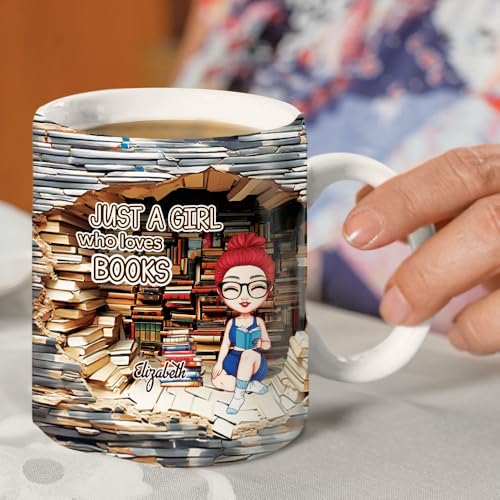 Image of Personalized Books Lover Mug, 11oz 15 oz Ceramic Coffee Cup, 2D Cracked Wall Reading Girl Design, Gift for Women Readers, Christmas