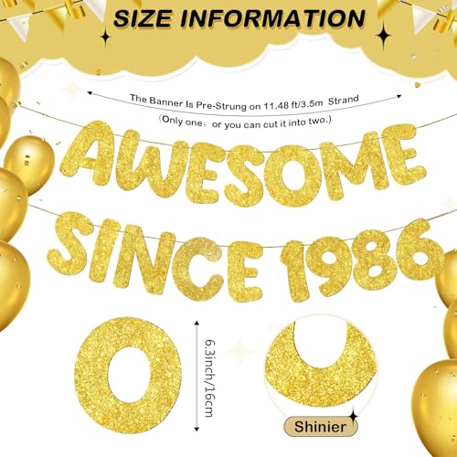 Image of Fulmoon Pre-strung Awesome Since 1986 Banner Glitter Happy 40th Birthday Banner Funny 40th Birthday Decorations 1986 Party Decorations for Men Women Anniversary(Gold)