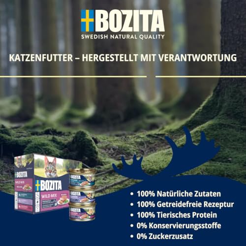 Bozita Mousse Wild Mix – 12x85g Nassfutter für Katzen in Mousse-Textur mit Rentier, Hirsch oder Wildschwein - getreidefrei, ohne Zuckerzusatz und Farbstoffe - mit Postbiotika unterstüzt die Darmflora