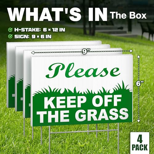 4-Pack Keep Off Grass Signs for Yard, 6x9 Double-Sided Coroplast Lawn Signs with Metal H-Stakes, Outdoor Reminder for Lawn, HOA & Shared Areas