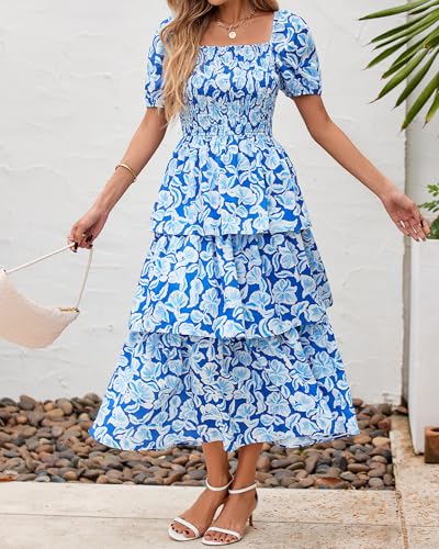 Image of BTFBM Womens Floral Smocked Summer Maxi Dresses | Square Neck Puff Short Sleeve Ruffle Tiered, 2026 Trendy Casual Sundress, Cruise Holiday Beach Vacation Wedding Guest Dress