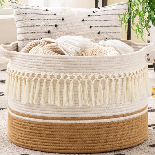 Image of KAKAMAY Large Blanket Basket (20"x13"),Woven Baskets for storage Baby Laundry Hamper, Cotton Rope Blanket Basket for Living Room, Laundry, Nursery, Pillows, Baby Toy chest (White Fringe)