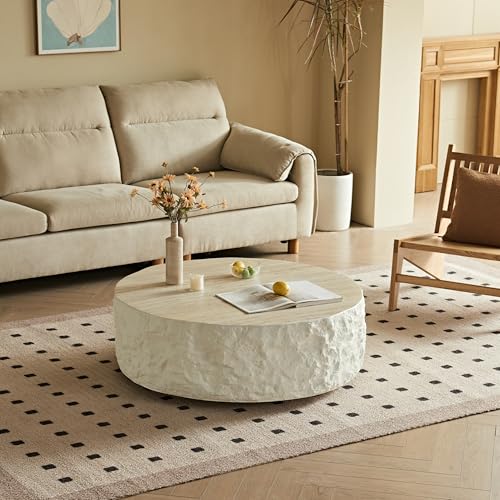 39.37'' Modern Concrete Round Coffee Table, Handcrafted Natural Texture, Unique