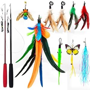 Cat Toy 2PCS Ultra-Long Cat Teaser(50″+38″)+9PCS Da Bird Feather Refills,Cat Fishing Pole Toy,Interactive Cat Toys -Retractable Cat Wand Toy and Feather Toys Refills for Indoor Cats