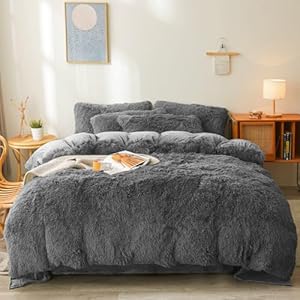 Fluffy Comforters Cover Twin Size - Ultra Soft Plush Bedding Sets 2 Pieces (1 Faux Fur Comforter Cover + 1 Fuzzy Pillow case) Girls Shaggy Twin Bed Set (Grey, Twin) Dark Grey Twin