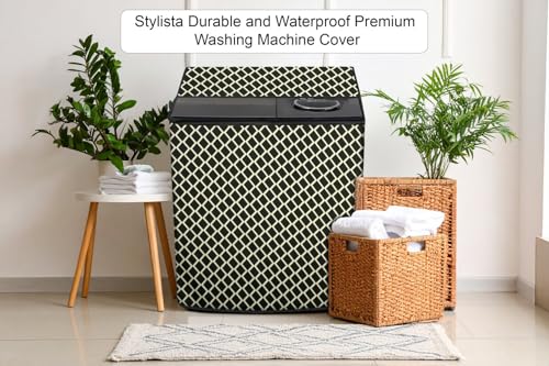 Image of Stylista Polyester Washing Machine Cover Compatible for Godrej 7.5 KG Semi-Automatic Top Loading WSEDGECLS755.0PN2GPGR, Check Coffee