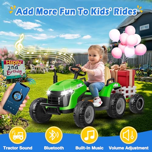 ARBELI 24V Ride On Tractor w/Tiltable & Detachable Trailer, 2x65W Motors, EVA Tires, Remote Control, Bluetooth, Shifter, Music, Electric Car for Kids, Green