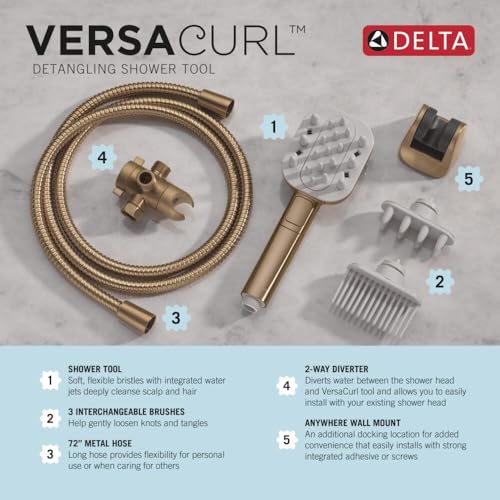 Image of Delta VersaCurl Detangling Handheld Shower Head Tool for Curly Hair with 3 Curl Defining Brush Inserts Included, Detangler Brush Hand Shower with Hose, Champagne Bronze 74B430CZ