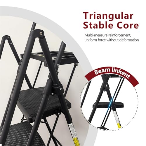 Image of 5 Step Ladder with Handrails Folding Step Stool with Tool Tray & Anti-Slip Wide Pedal for Home Kitchen Pantry Office, Lightweight Sturdy Steel Ladder with Platform for Adults