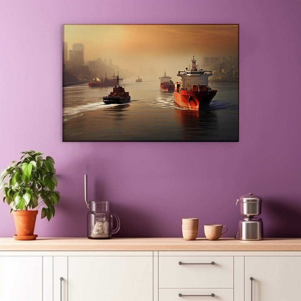 Canvas for Living room. Sailing Into Sunset: A Harmonious Blend of Urban Sprawl and River Serenity, 27 x 18 inch Canvas Wall Art - Ready to Hang