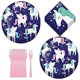 Unicorn Party Supplies - Pegasus Unicorn Galaxy Midnight Purple Paper Dinner Plates, Napkins, and Forks (Serves 16)