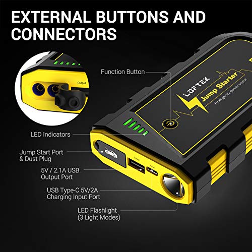 LOFTEK Portable Car Battery Jump Starter (Up to 7.0L Gas or 5.5L Diesel Engine), 12V Power Pack Auto Battery Booster with Built-in LED Light
