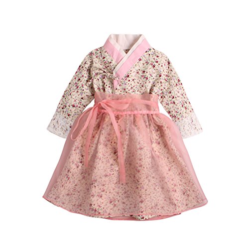 PAUBOLI Baby Girl Korean Clothes Korean Hanbok Long Sleeve Dress (5-6 Years, Pink)
