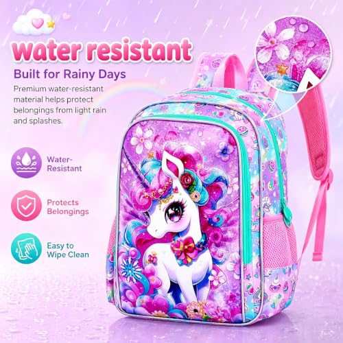 Image of HPJGD 3PCS Unicorn Backpack for Girls, Water Resistant Kids Bookbag Set with Lunch Box,Cute Elementary School Bag for Preschool Toddler