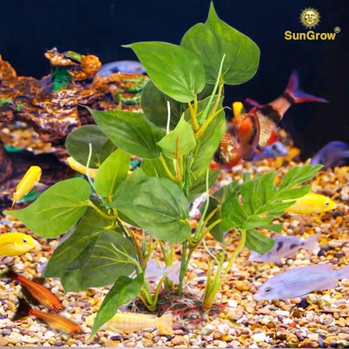 Image of SunGrow Plastic Leaf Plant, Heavy-Duty Ceramic Base, Hiding Spot for Fish, Betta, Angelfish, Gold Fish, Frog, Python, Reptiles, Amphibians (2, 10 Inches)