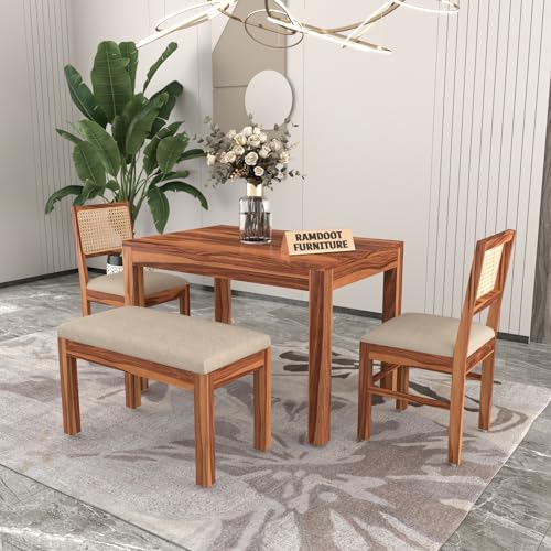 Image of Solid Wood Cane 4 Seater Dining Table Set | Four Seater Dining Table with 2 Cushions Chairs & 1 Bench for Dining Room | 4 Seater Dining Set for Hotel Restaurant | Sheesham, B-Honey