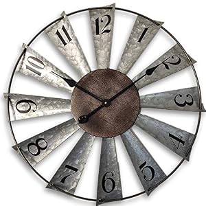 Mrocioa 24inch Windmill Distressed Metal Wall Clocks Rustic Large Decorative Clock Oversized Farmhouse Decor,Non Ticking,Battery Operated