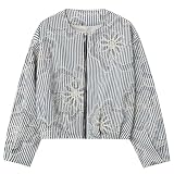CUFEZN Womens Embroidered Floral Cropped Bomber Jacket Lightweight Casual Long Sleeve Zipper Jackets 2025 Fall Outerwear Blue Large