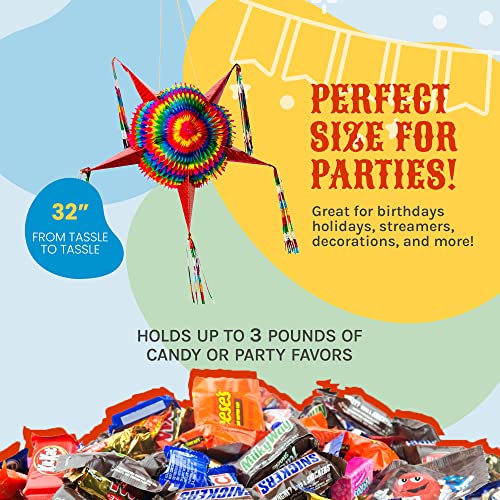 Extra Large Cinco De Mayo Pinata, Rainbow Mexican Star Pinata With 5 Red Cones And 30 Ft Rope Included, Holds Up To 3 Pounds Of Pinata Filler, 32 Inches Unfolded And Expanded Handmade Adult Piñata By Texmex Fun Stuff #TOP1