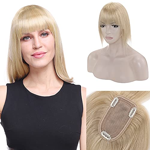 Hair Toppers with Bangs Silk Base Clip in Topper Hairpieces Remy Human Hair Toppers Hair Piece For Women Hair Loss Thinning Hair Cover Gray Hair 12 Inch #24 Natural Blonde