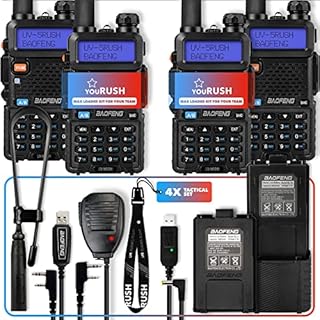 youRUSH Ham Radio Tactical Set - 4 Pack UV-5RUSH 8W Two Way Radio with 3800mAh and 2800mAh BL-5 Extended Batteries Plus Foldable Tactical Antenna 18.7”, Speaker Mic, USB Charger, USB Programming Cable