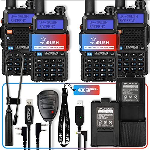 youRUSH Ham Radio Tactical Set - 4 Pack UV-5RUSH 8W Two Way Radio with 3800mAh and 2800mAh BL-5 Extended Batteries Plus Foldable Tactical Antenna 18.7”, Speaker Mic, USB Charger, USB Programming Cable
