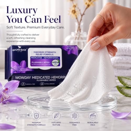 Image of Flushable Hemorrhoid Wipes | Maximum Strength Witch Hazel Wipes | 124 Count Fragrance Free Adult Hemorrhoids Medicated Witch Hazels Wipe for Butt Hemorrhoidal Itch