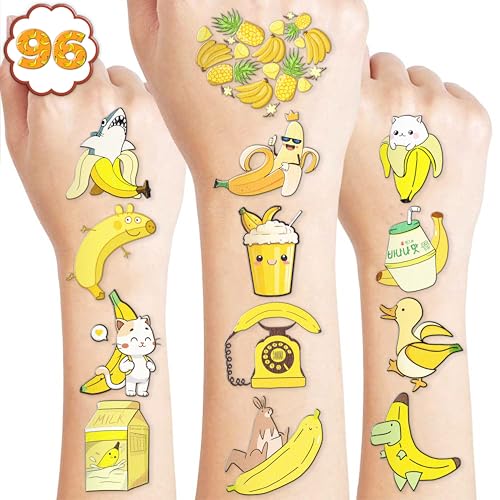 Banana Pre-Cut Temporary Tattoos 8 Sheets 96PCS Yellow Banana Party Decorations Supplies Favors Fruits Theme Birthday Stickers Christmas Gifts for Boys Girls Class School Prizes Carnival (Normal)