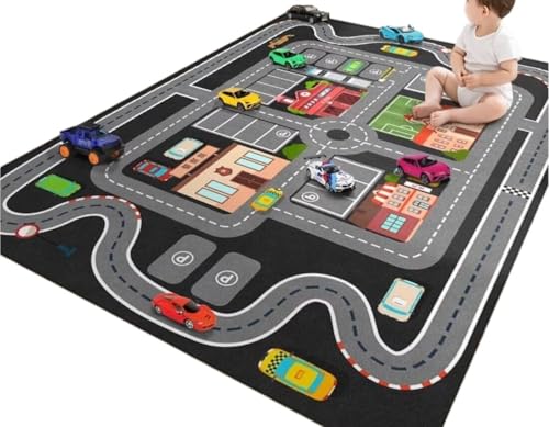 Alfombra antideslizante para educación temprana, para jardín de infantes, alfombra de juegos con patrón de ciudad urbana, alfombra de guardería, manta plana sin pelo, 6 mm de grosor, respaldo