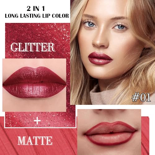 Image of evpct Dark Red Metallic Glitter Lip Liner and Lipstick Combo Lip Gloss Stain Set Makeup for Women Long Lasting Waterproof 24, Wine Red Frosted Metallic Shimmer Glossy Chrome iridescent Liquid Lipstick