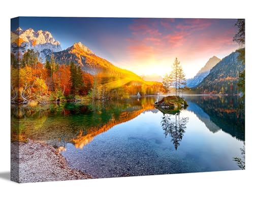 Visario Tableau mural - Paysage de rêve avec lac de montagne et soleil - Impression sur toile moderne de 120 x 80 cm - Toile tendue sur cadre en bois - Prête...