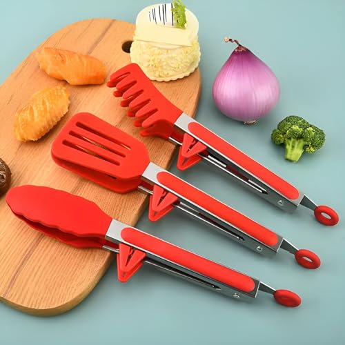 Image of YOMITH Stainless Steel Kitchen Tongs with Silicone Head, Nonstick Food Grade Cooking Tweezer Chimta for Buffet Multi Purpose Food Serving Tools (RED, 3 PCS Set)