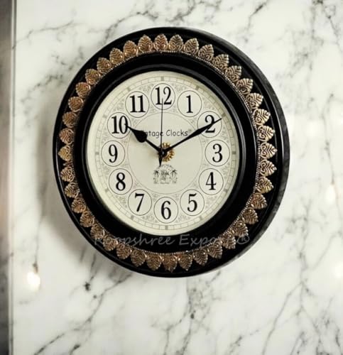 Image of Vintage Clock Brass Inlay Wooden Shiny Brown Handcrafted Wall Clock Handcrafted for Living Room Home Office Decor / 9154-12-FH